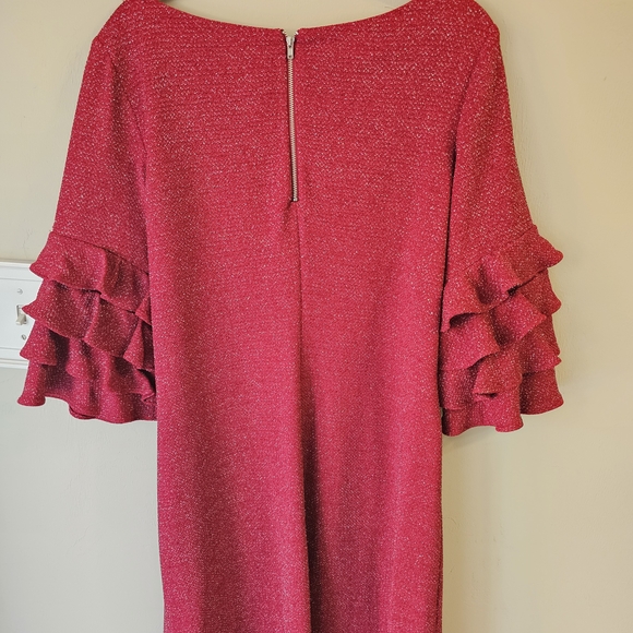 Gabby Skye Shimmering Red Long Sleeve Dress.   #1110 - Picture 2 of 4